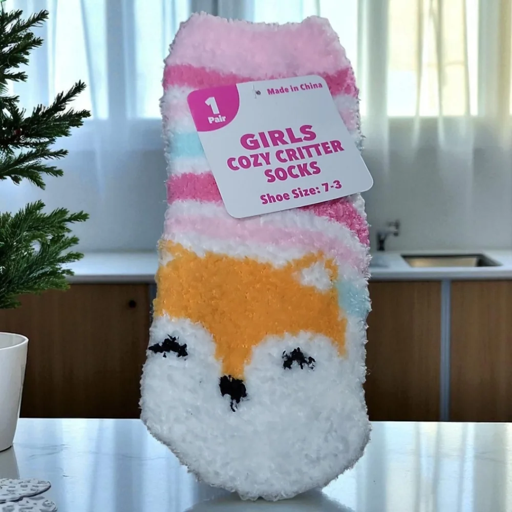 NWT Girls Cozy Critter Socks Pink White Orange Fleece Fox Shoe Sz 7-3
